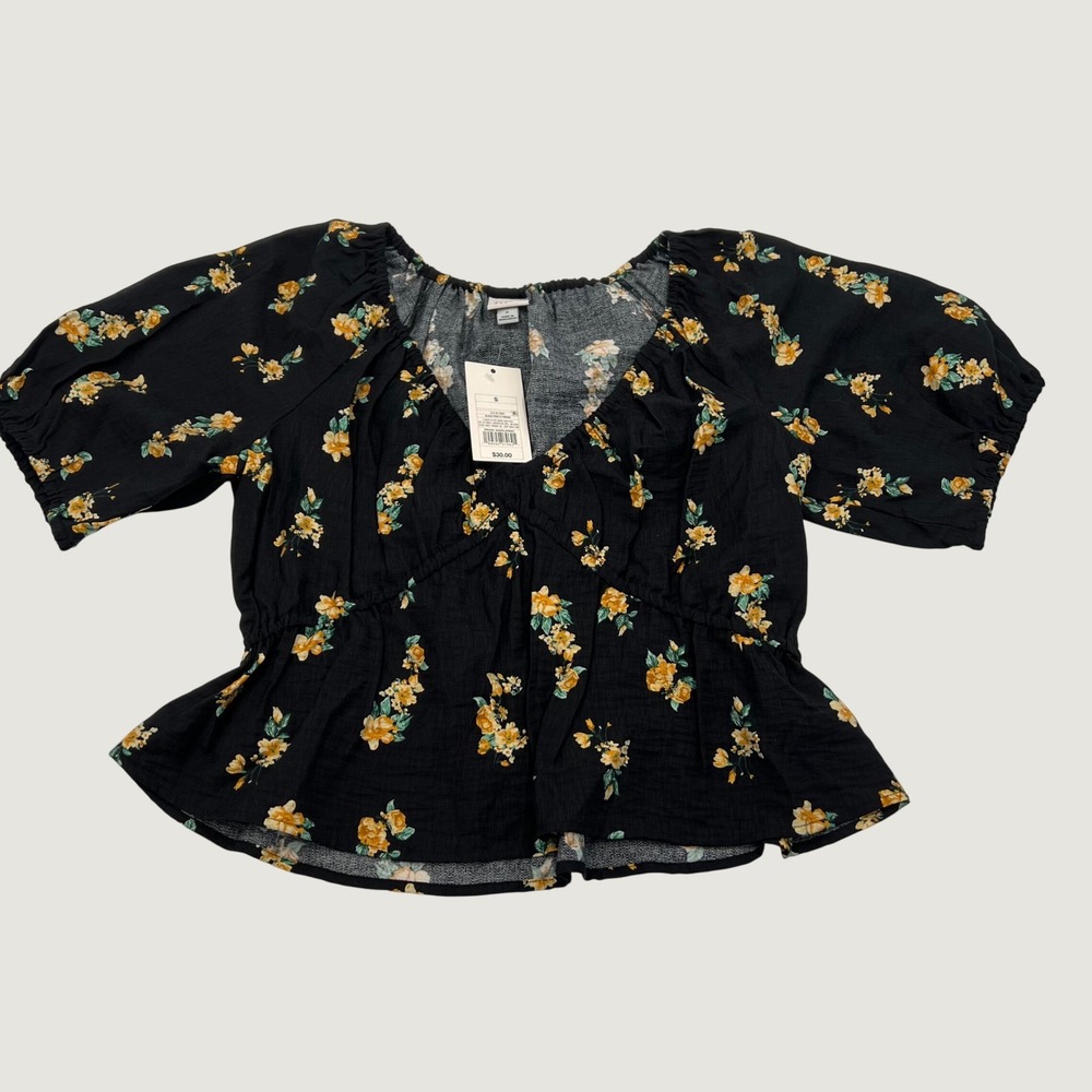 A New Day Women Floral Puff Sleeve Peplum Blouse Black Yellow V-Neck Size S NEW